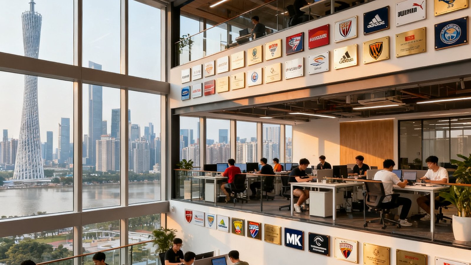 MK体育广州总部开放式办公区实景，数十名年轻员工在三层挑高的loft空间中协作，墙面挂满各大赛事合作伙伴铭牌，落地窗外可见珠江新城天际线